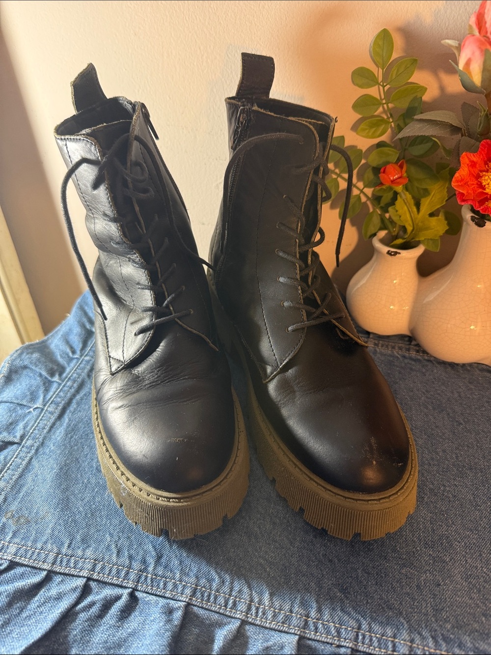 Italian Women's Black Combat Boots with Chunky Army Green Platform Sole